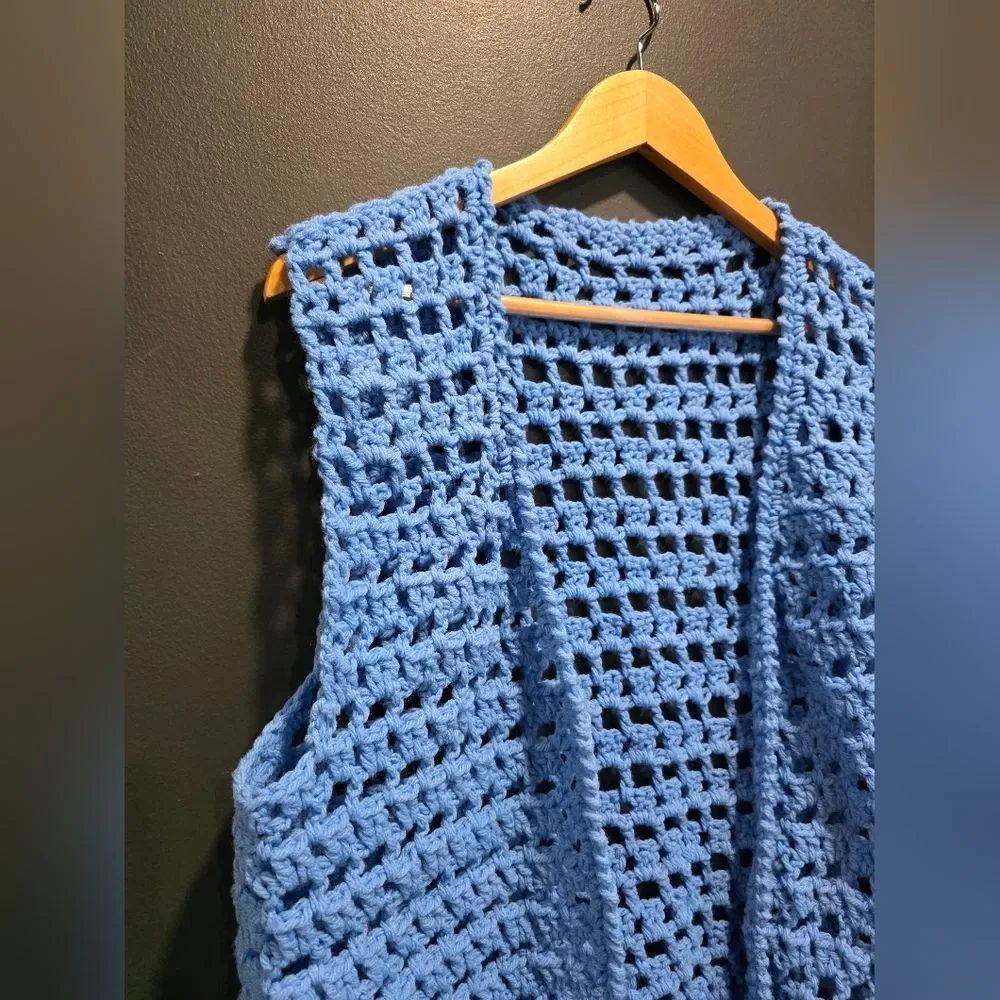 Blue Crochet Open Front Vest Cardigan